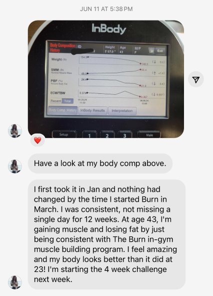 DM screenshot · InBody results, age 43